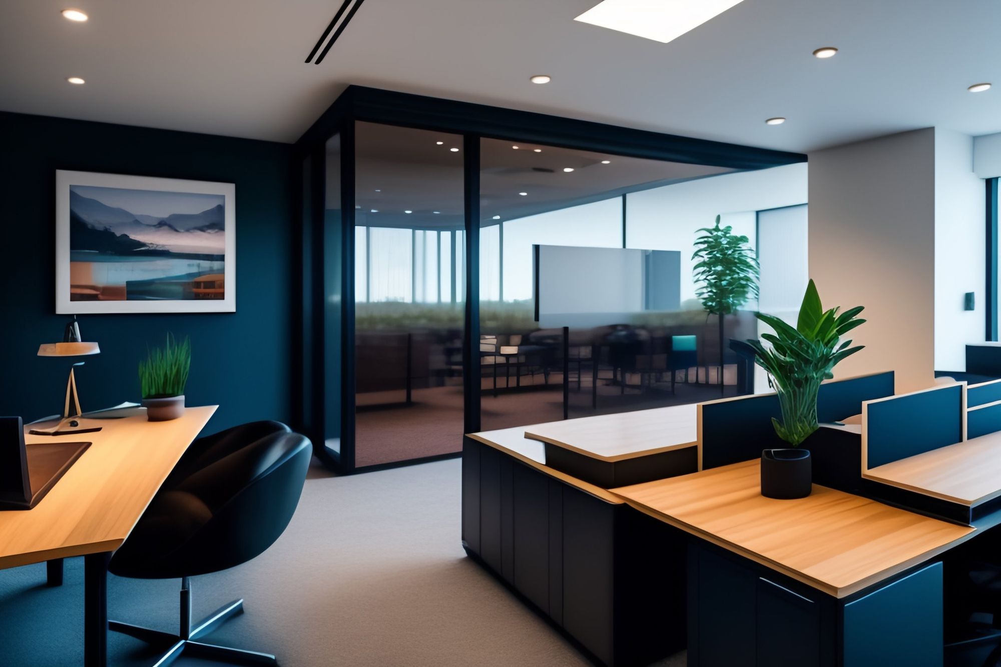 Um bonito escritório com várias mesas e algumas plantas compondo o ambiente