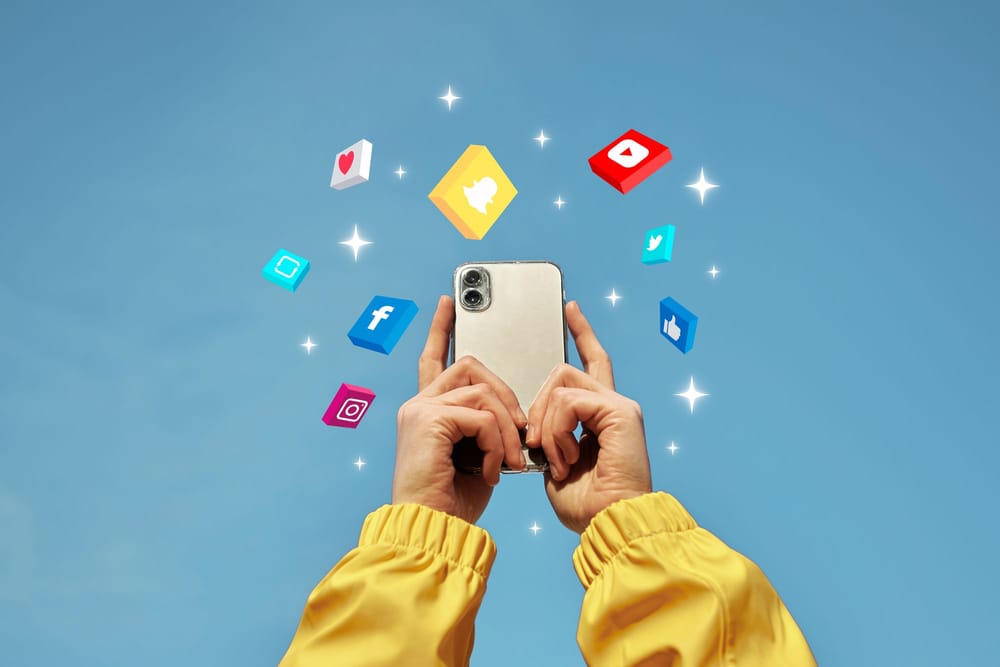 Na imagem, uma mão ergue celular e vários símbolos de redes sociais estão ao redor do aparelho