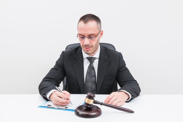Na foto: homem de terno e gravata assina documento de frente a um martelo de magistrado